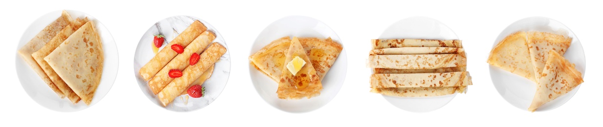 Image of Set of tasty thin pancakes on white background, top view. Banner design