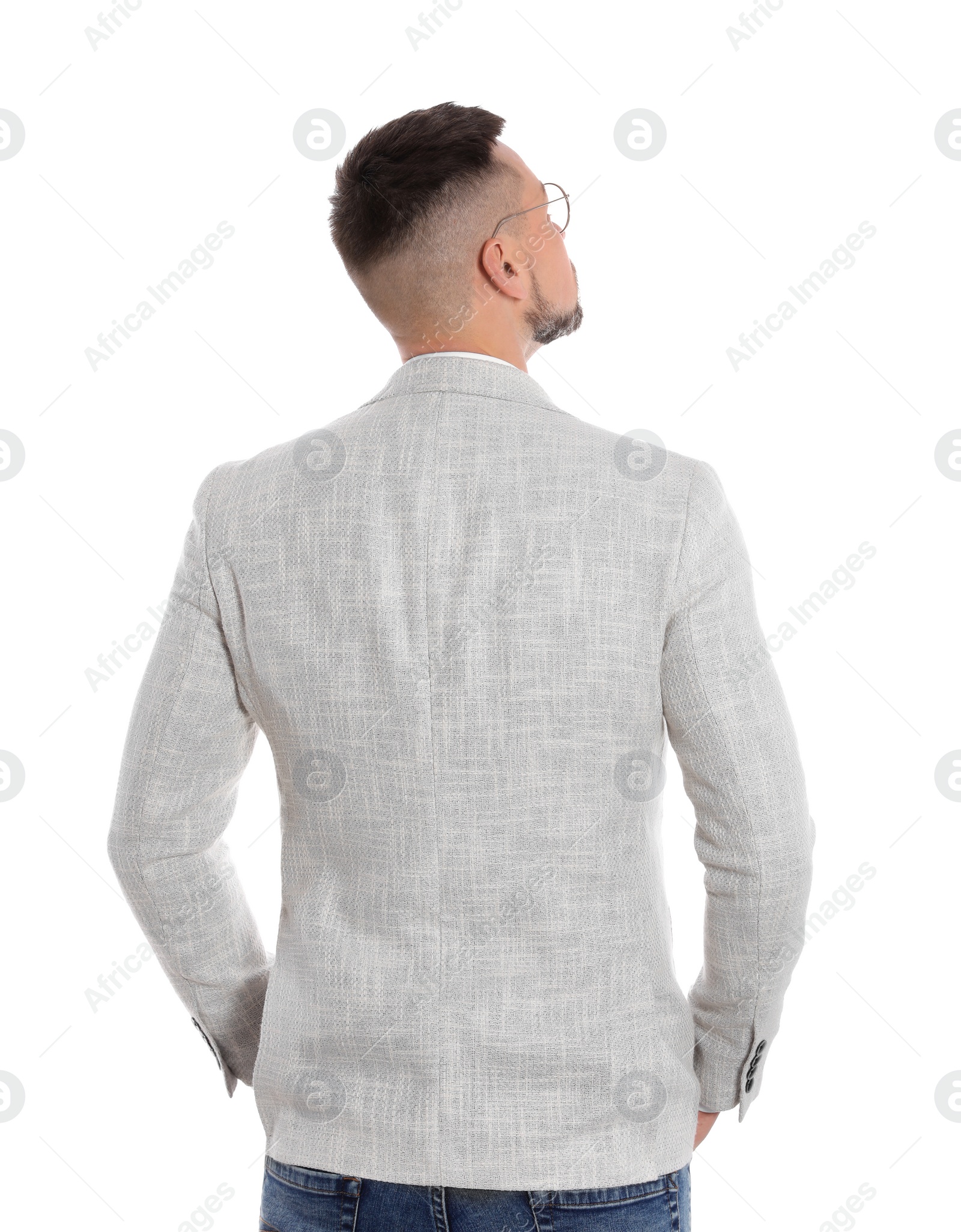 Photo of Confident businessman in glasses on white background