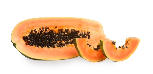 Photo of Fresh juicy cut papaya on white background