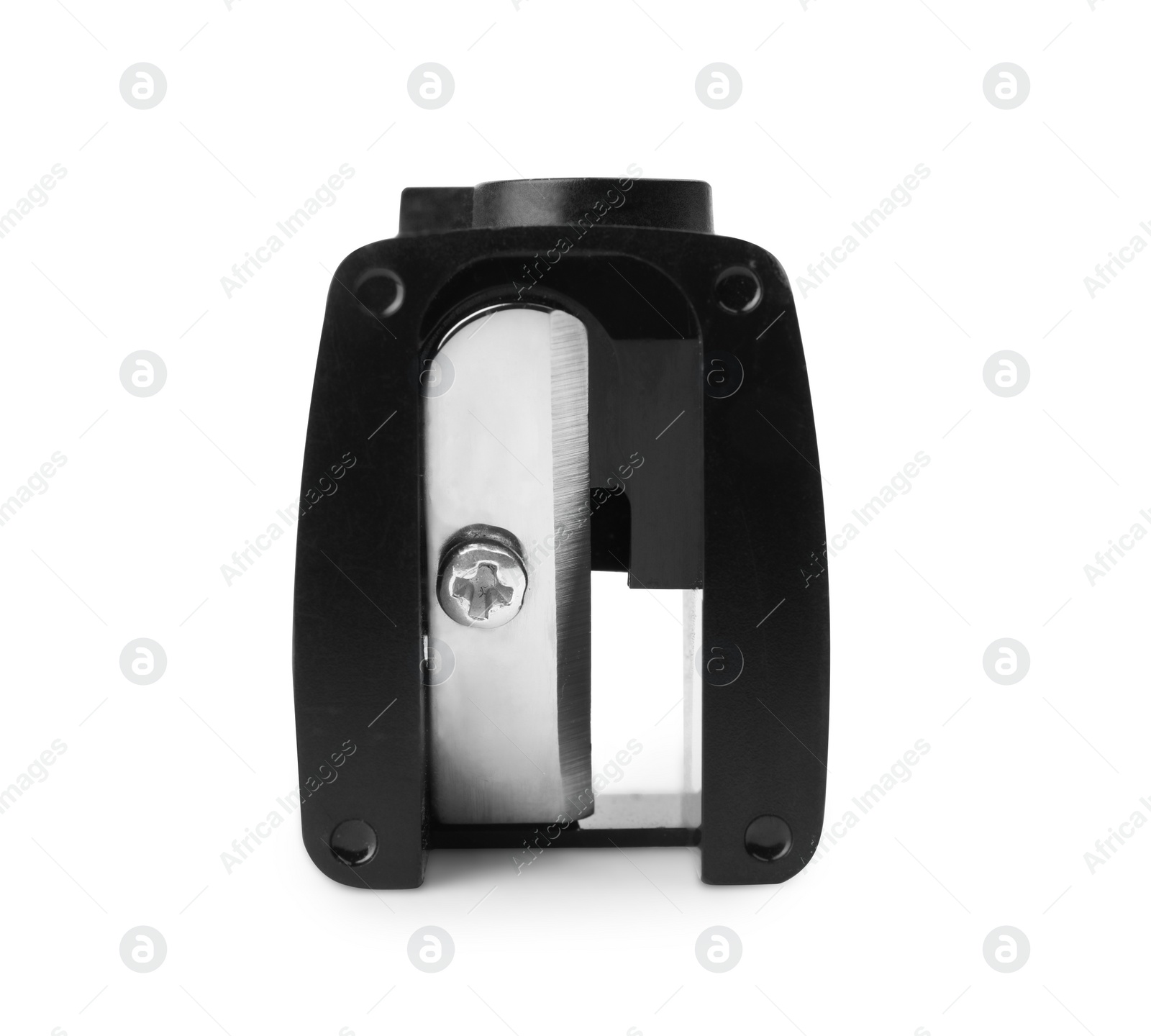 Photo of Plastic black pencil sharpener isolated on white