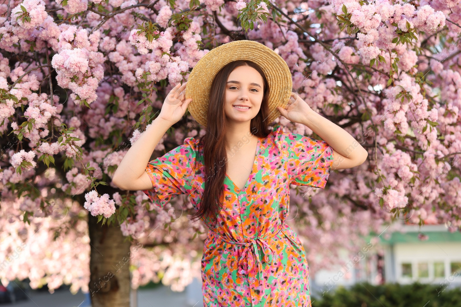 Photo of Beautiful woman in straw hat near blossoming tree on spring day