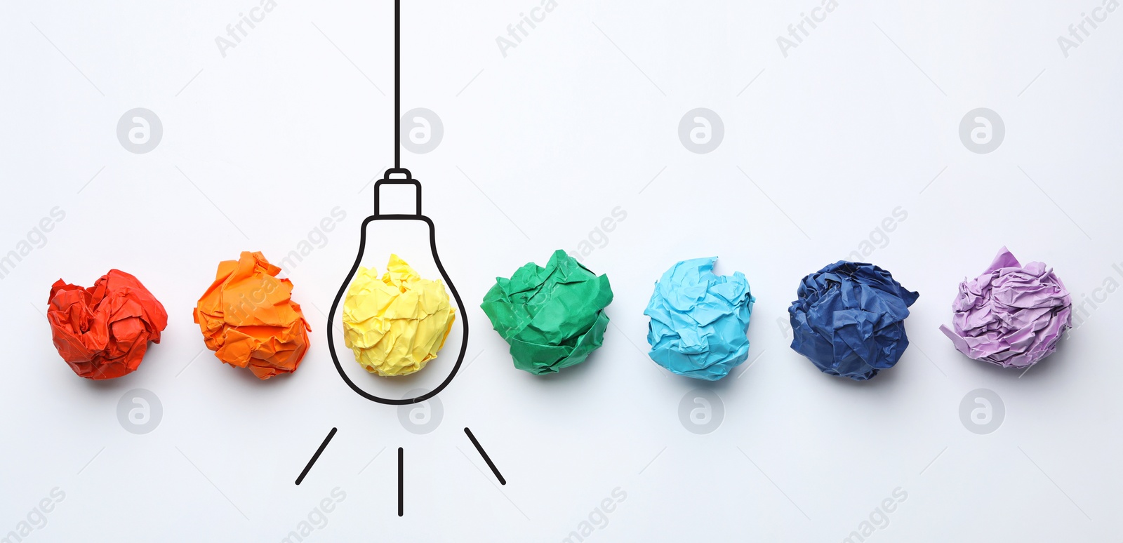 Image of Idea. Illustration of light bulb around crumpled paper ball on white background, flat lay. Banner design