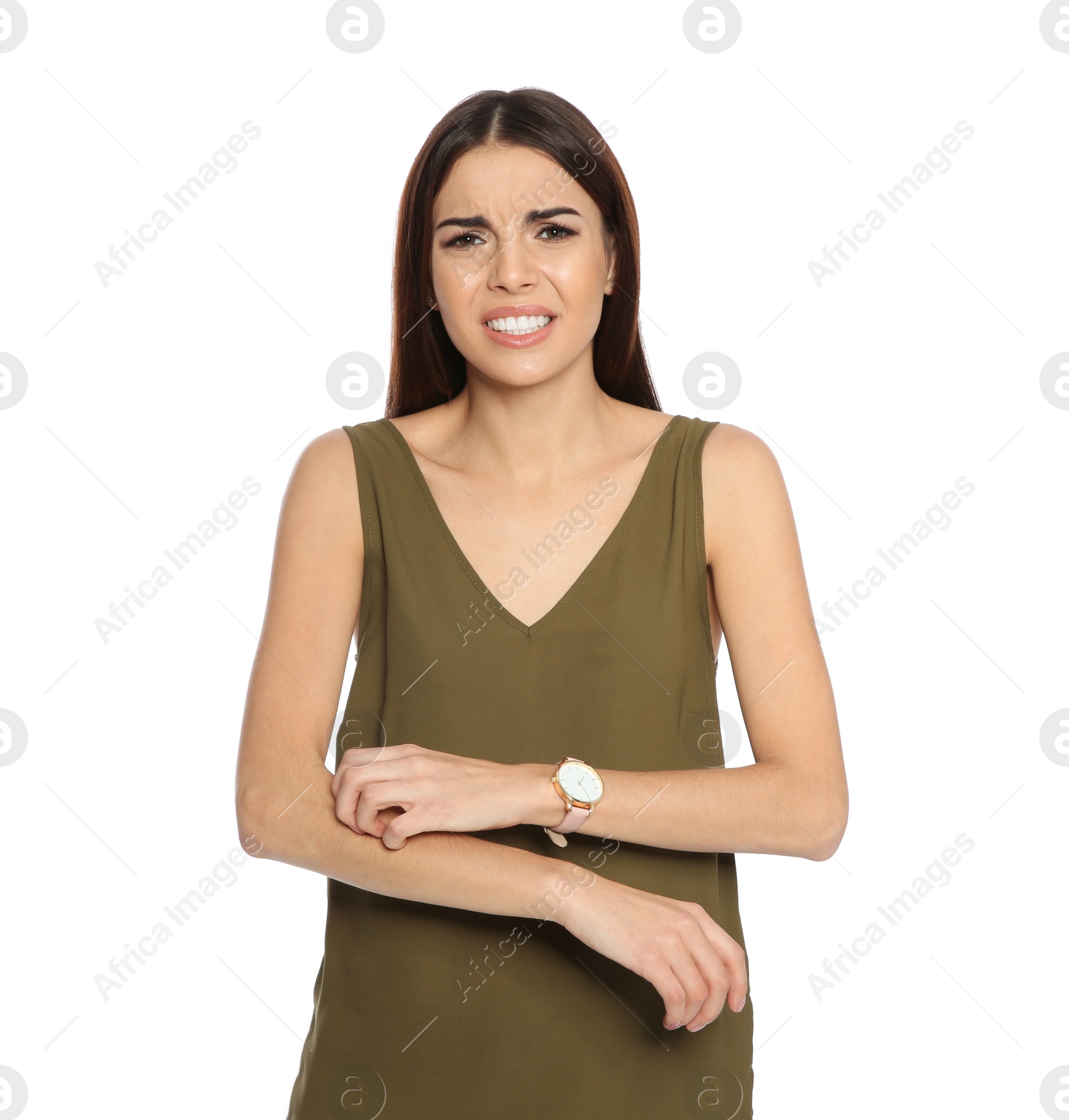 Photo of Young woman scratching arm on white background. Annoying itch