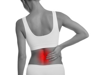 Image of Woman suffering from back pain on white background