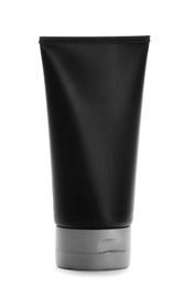 Photo of Black tube with space for design on white background. Men's cosmetic product