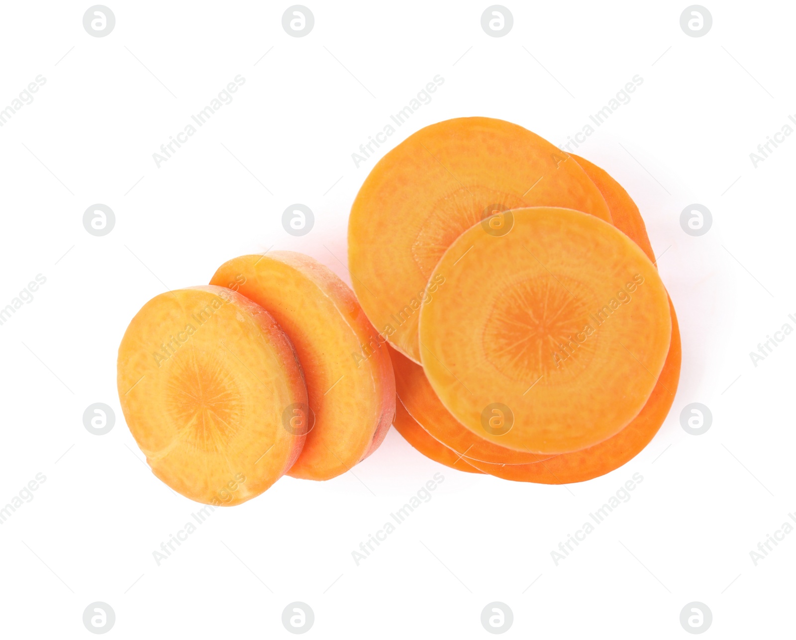 Photo of Slices of fresh ripe carrot isolated on white, top view