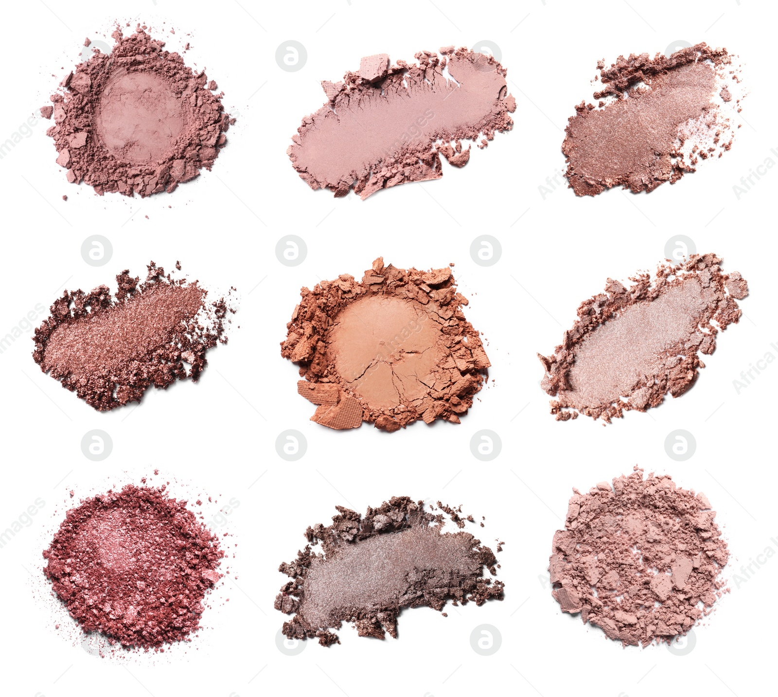 Image of Set of different crushed eye shadows on white background, top view. Nude palette