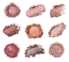 Set of different crushed eye shadows on white background, top view. Nude palette