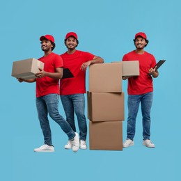 Delivery service. Happy courier with cardboard boxes on light blue background, collage of photos