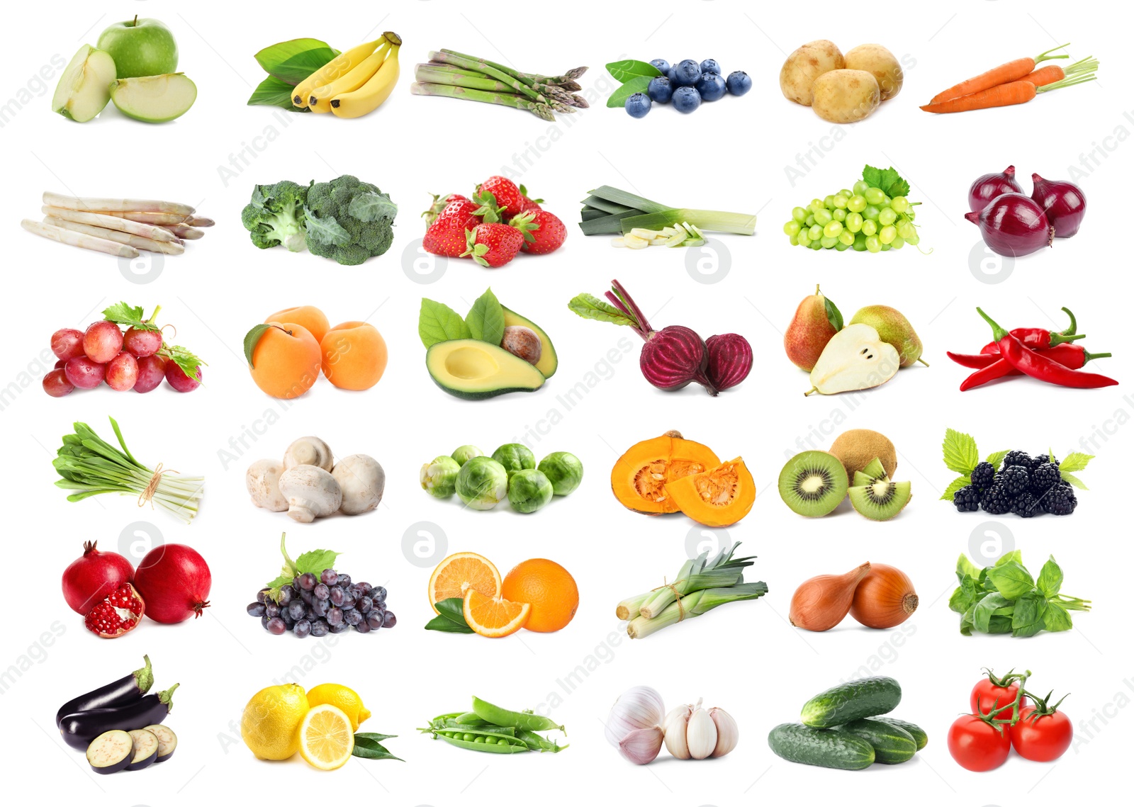 Image of Assortment of organic fresh fruits and vegetables on white background