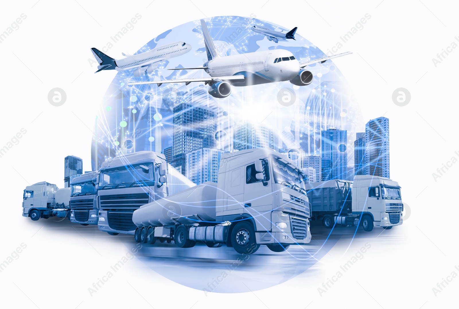 Image of Logistics concept. Multiple exposure of different transports and world globe, toned in blue 