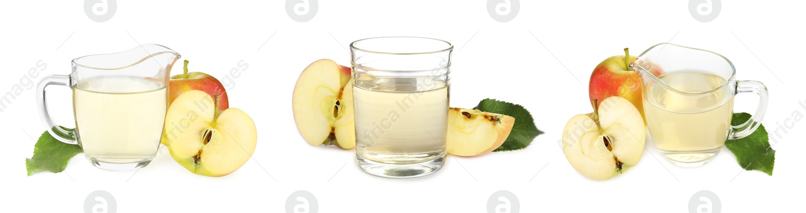 Image of Natural apple vinegar and fresh fruits on white background, collage. Banner design