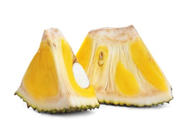 Photo of Slices of delicious exotic jackfruit on white background