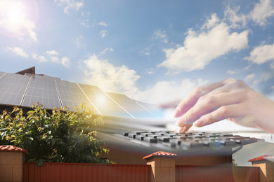 Image of Double exposure of house with installed solar panels and woman using calculator. Renewable energy and money saving