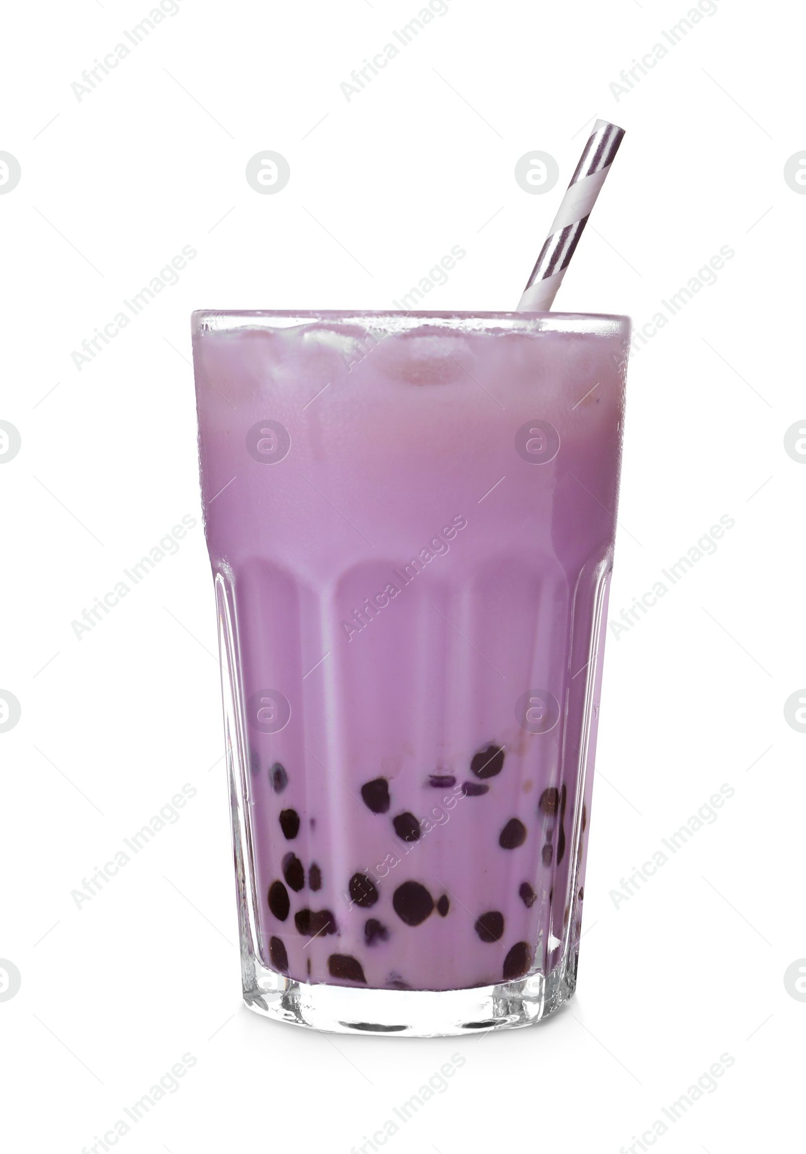 Photo of Bubble milk tea with tapioca balls in glass isolated on white