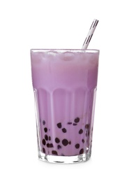 Bubble milk tea with tapioca balls in glass isolated on white