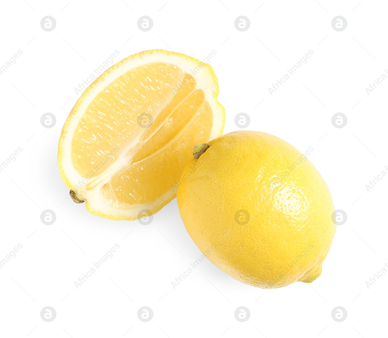Photo of Fresh ripe lemons on white background, top view
