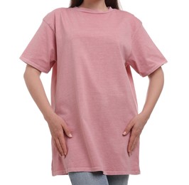 Woman in stylish pink t-shirt on white background, closeup