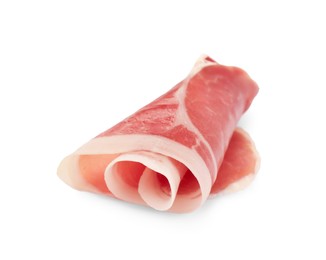 Photo of Rolled slice of tasty jamon isolated on white