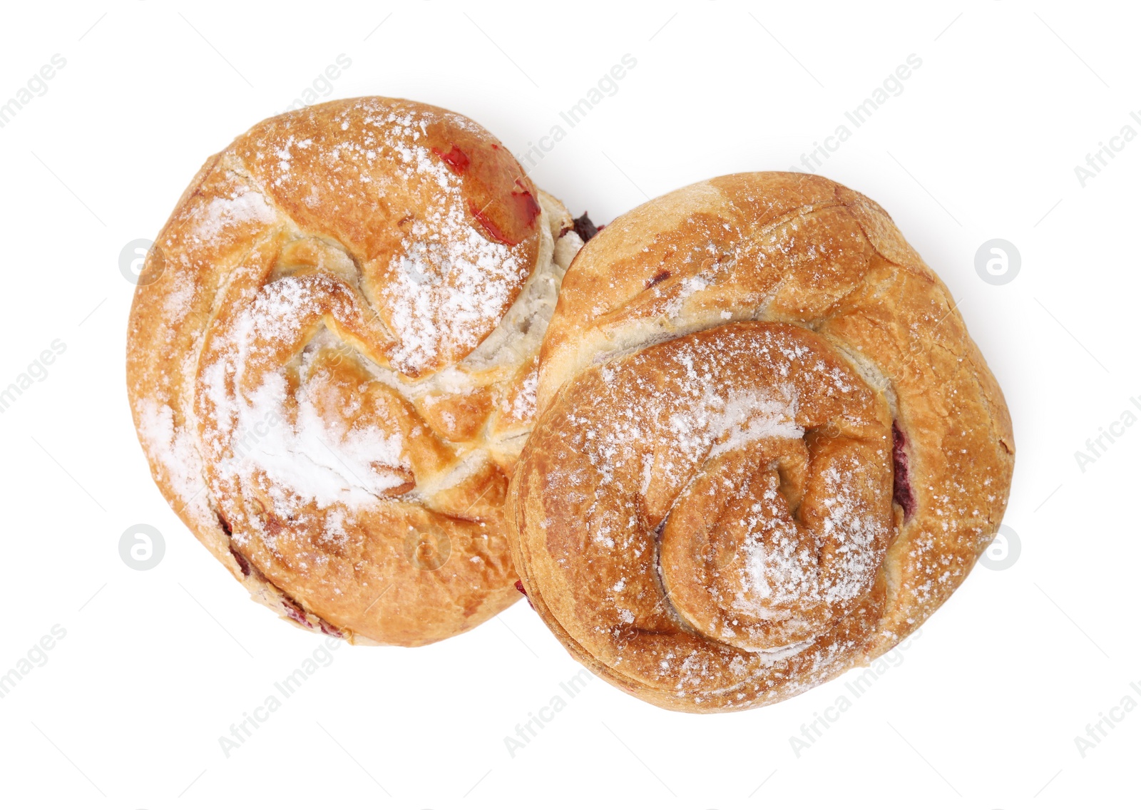 Photo of Delicious rolls with jam and powdered sugar isolated on white, top view. Sweet buns