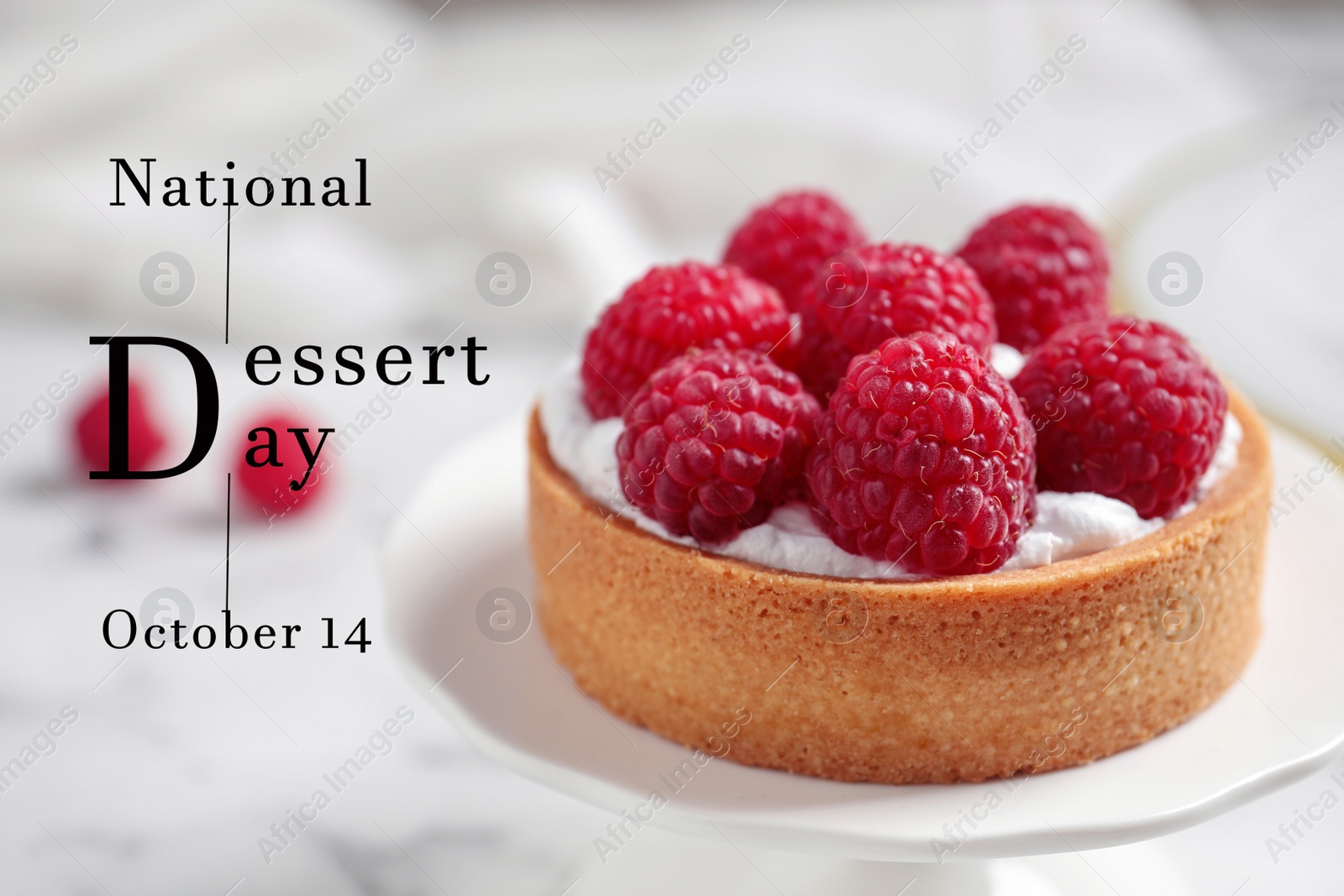 Image of National Dessert Day, October 14. Cake stand with tasty raspberry tartlet, closeup