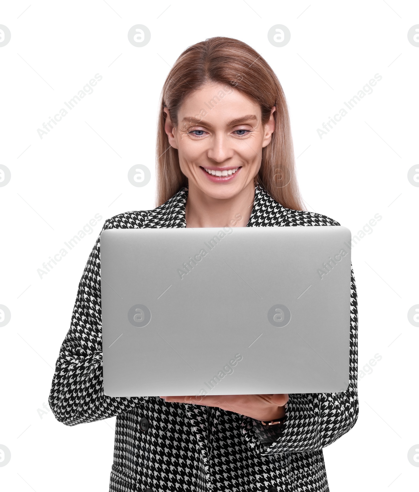 Photo of Beautiful happy businesswoman using laptop on white background