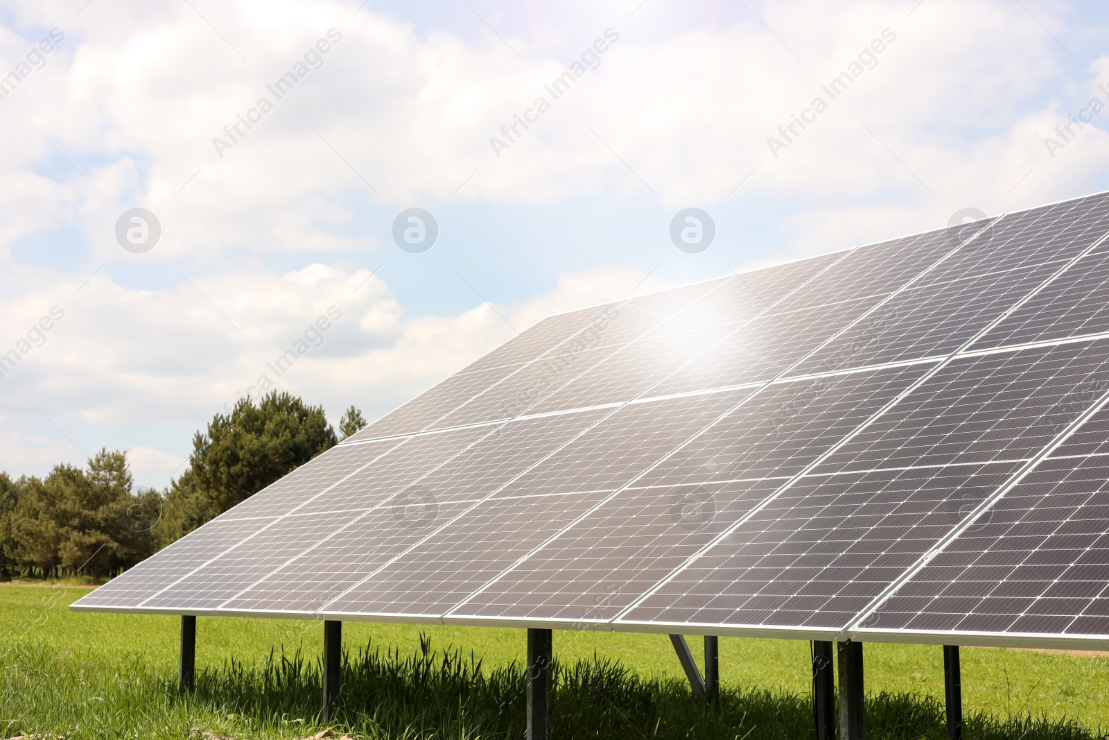 Photo of Solar panels in field on sunny day. Alternative energy