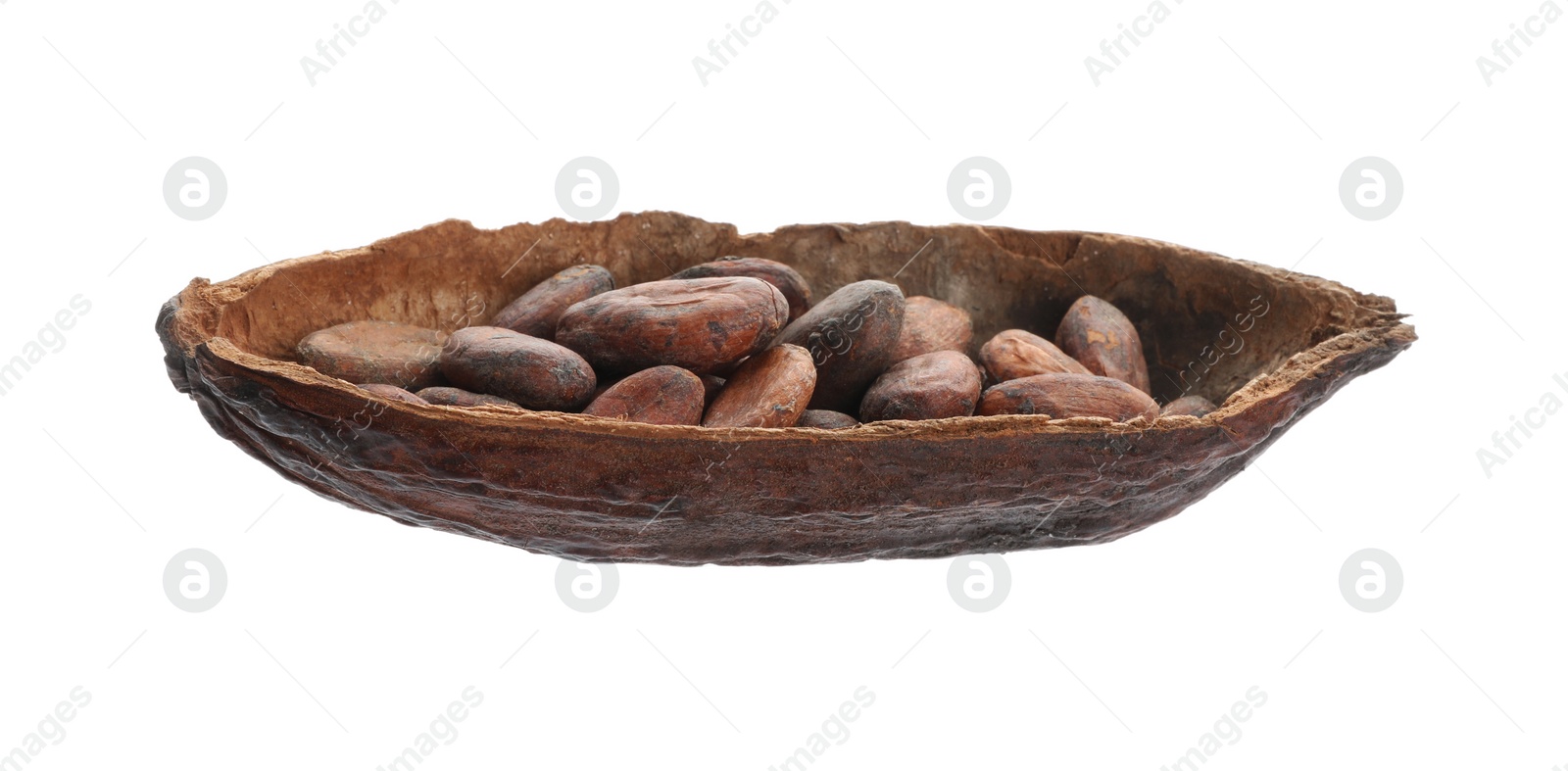 Photo of Half of dry cocoa pod with beans isolated on white