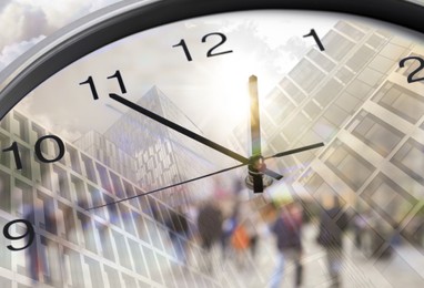 Image of Time related concepts. Multiple exposure of clock, office buildings and people