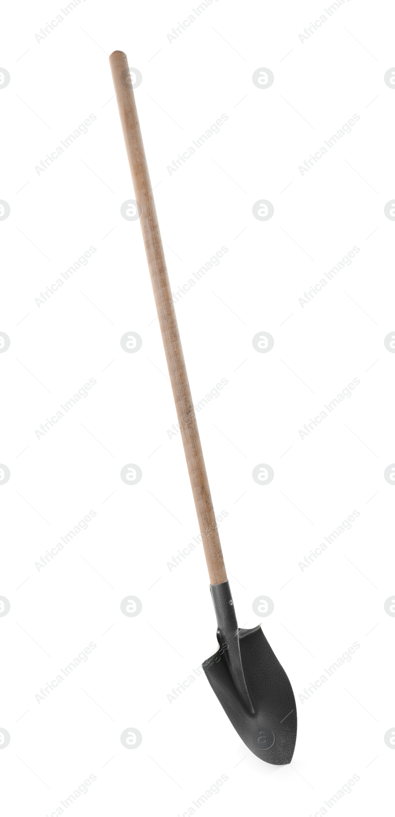 One shovel with wooden handle isolated on white Photo of One shovel with wooden handle isolated on white