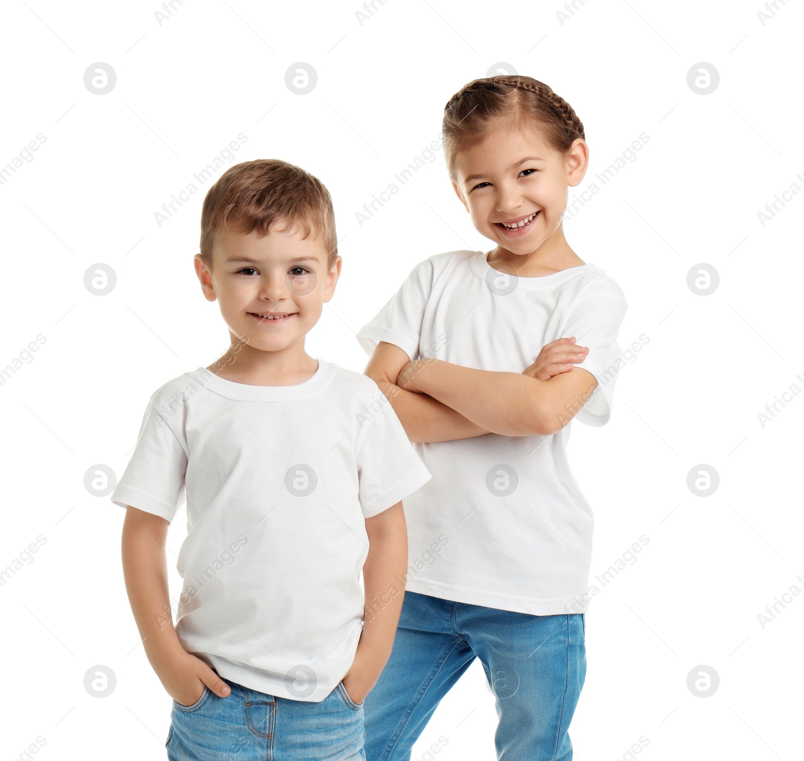 Photo of Little kids in t-shirts on white background. Mockup for design