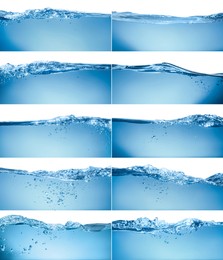 Collage with different beautiful water waves on white background