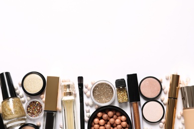 Photo of Set of luxury makeup products on white background, flat lay