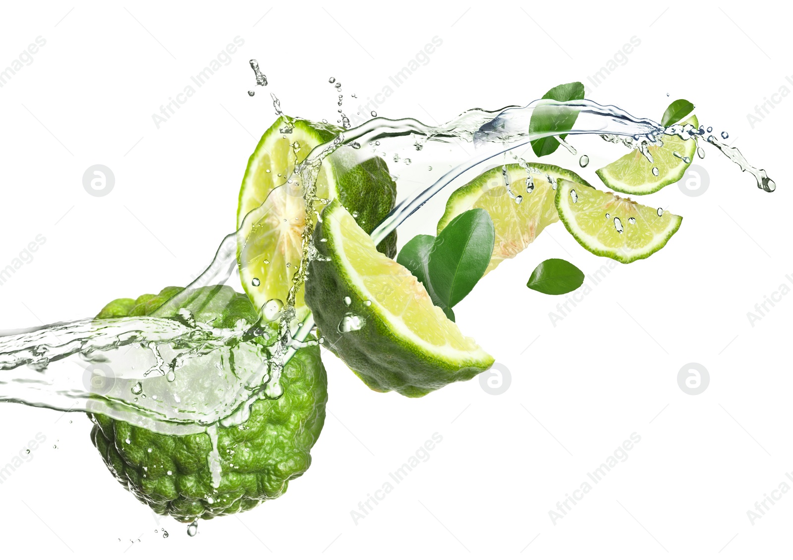 Image of Fresh ripe bergamot fruits, green leaves and splashing water on white background