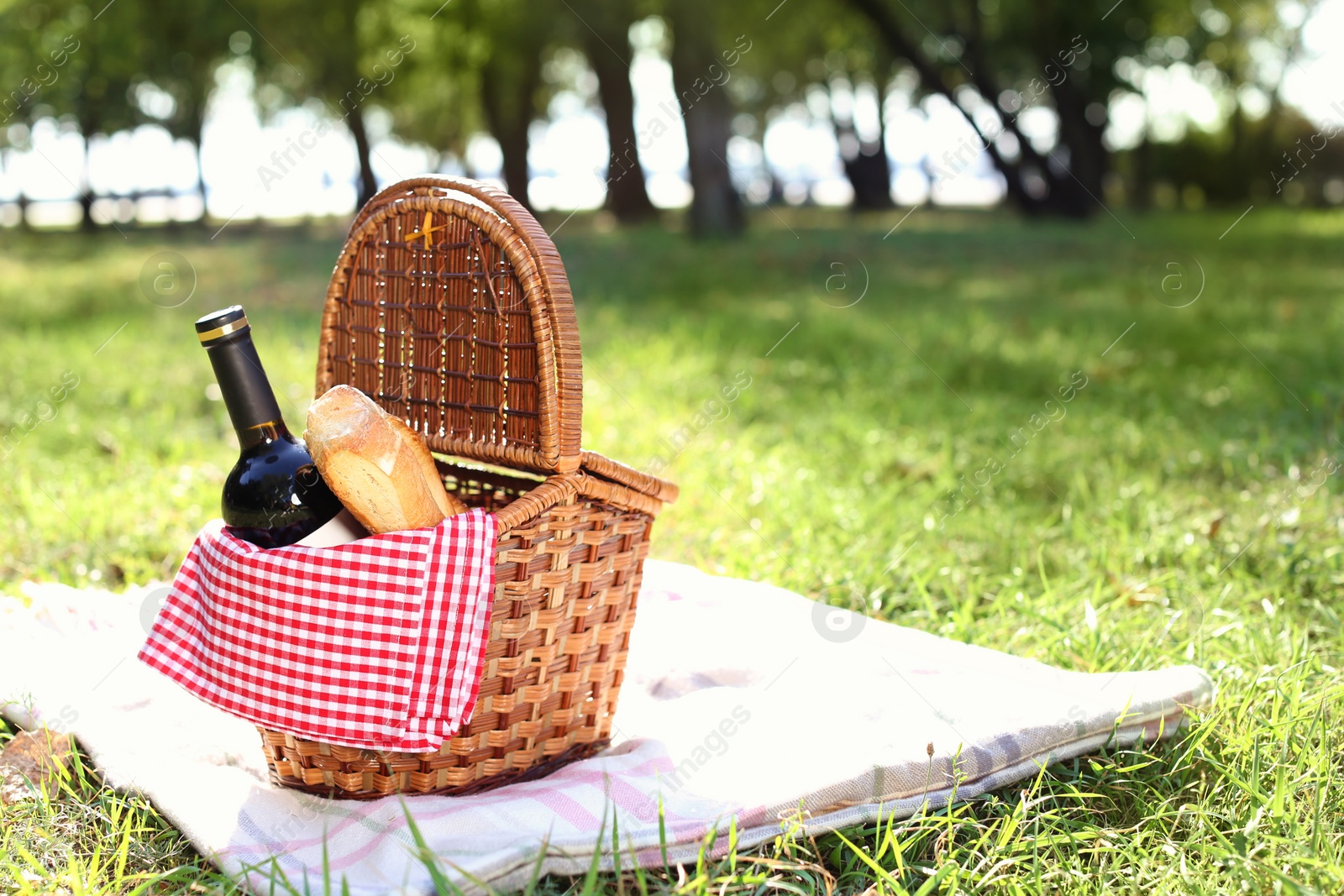 Photo of Wicker picnic basket with bottle of wine and bread on blanket in park. Space for text