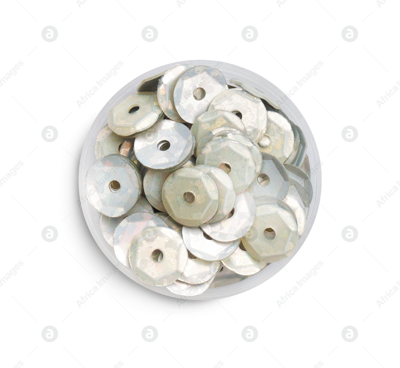 Photo of Beautiful sequins on white background, top view