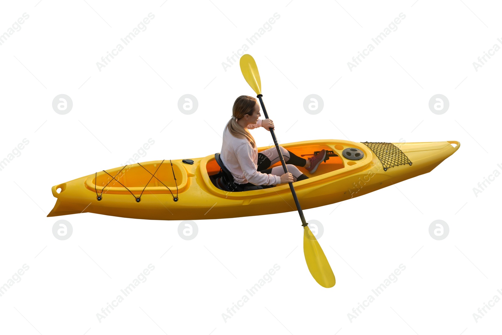 Image of Young woman with paddle in kayak on white background