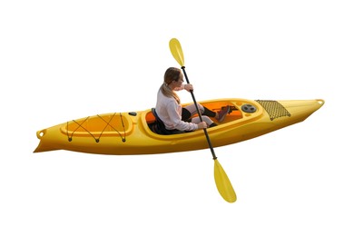 Young woman with paddle in kayak on white background