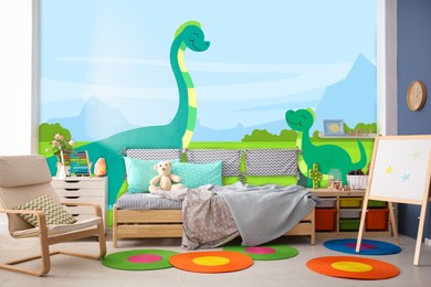 Kid's room interior with comfortable bed and other furniture. Cartoon style wallpapers with dinosaurs