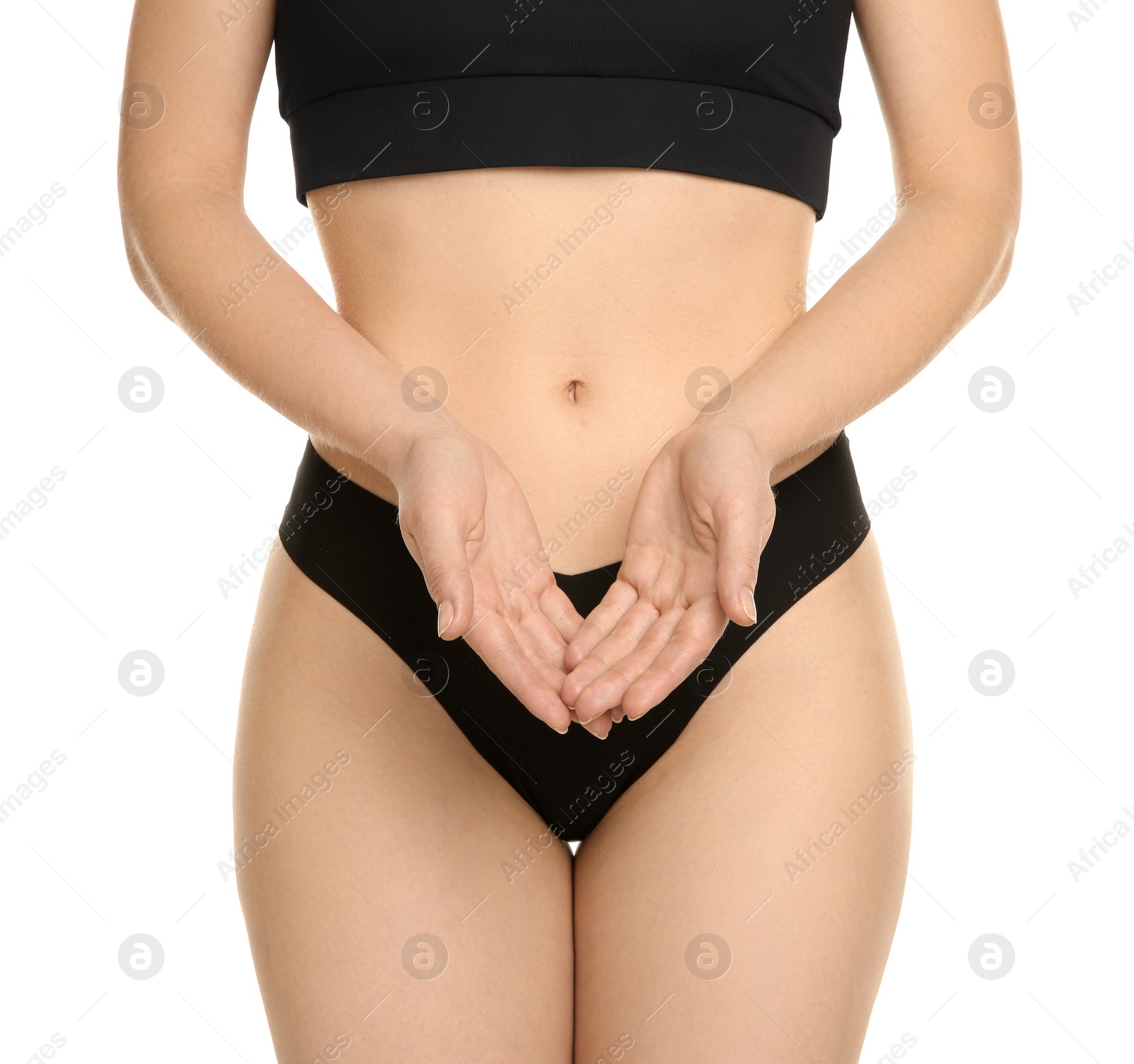 Photo of Gynecology. Woman in underwear on white background, closeup