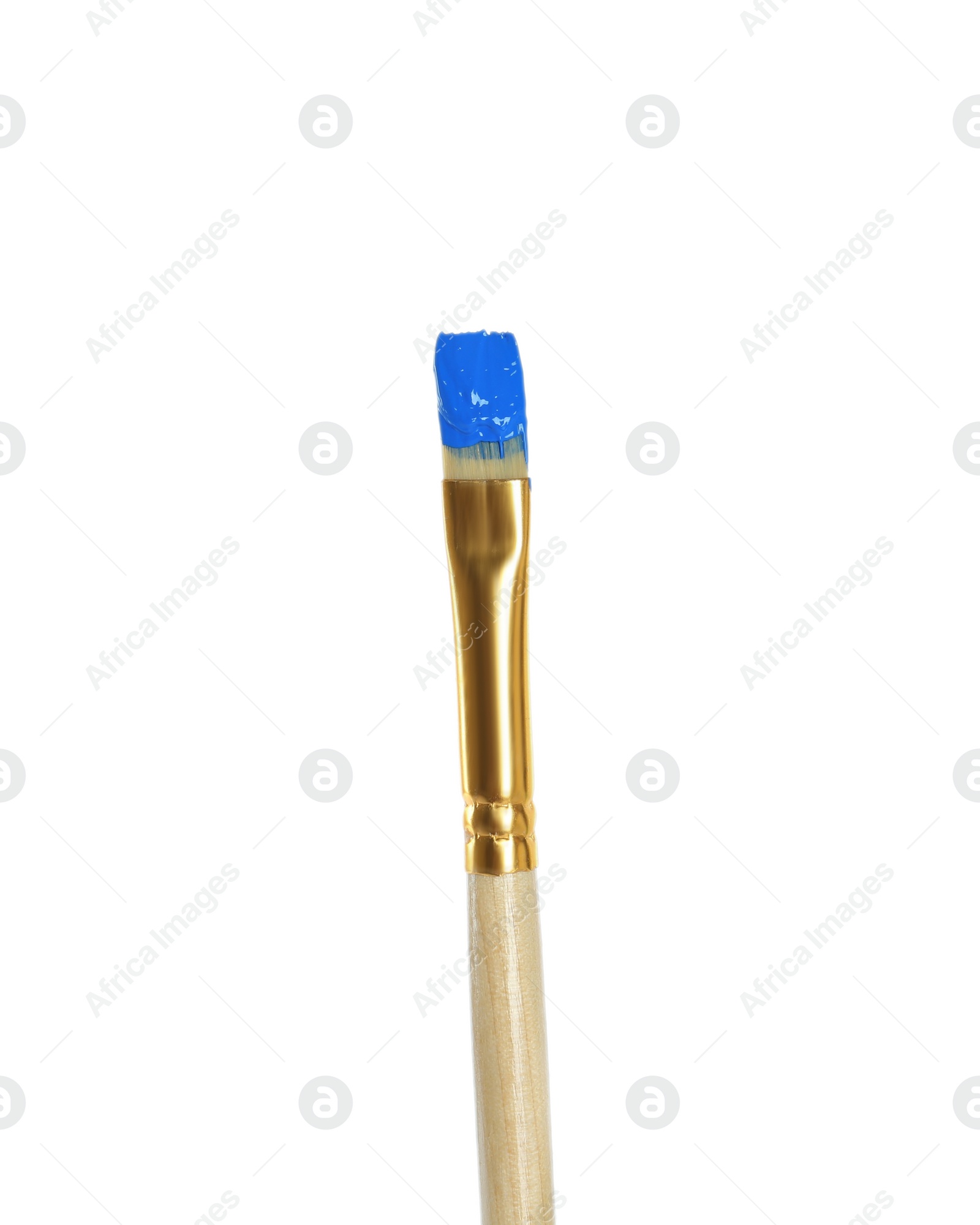 Photo of Brush with blue paint on white background