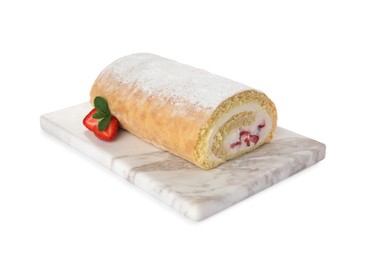 Photo of Delicious sponge cake roll with strawberries and cream on white background