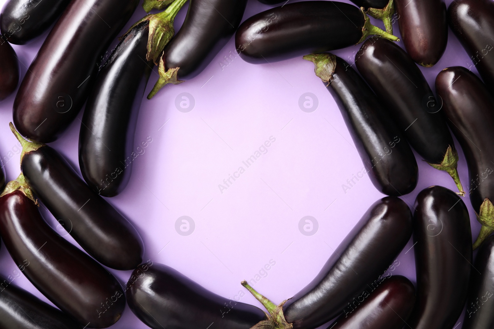 Photo of Frame of raw ripe eggplants on light background, flat lay. Space for text