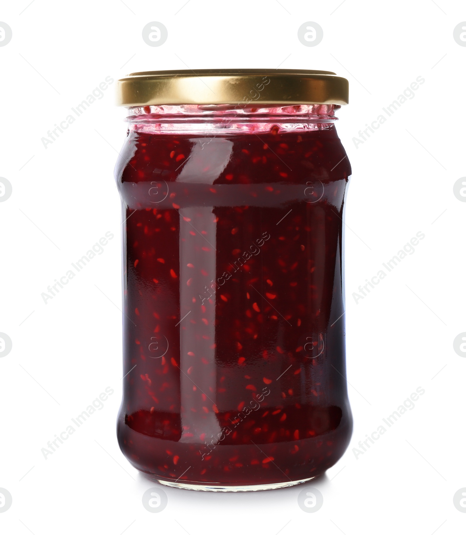 Photo of Glass jar with raspberry jam isolated on white. Pickling and preservation