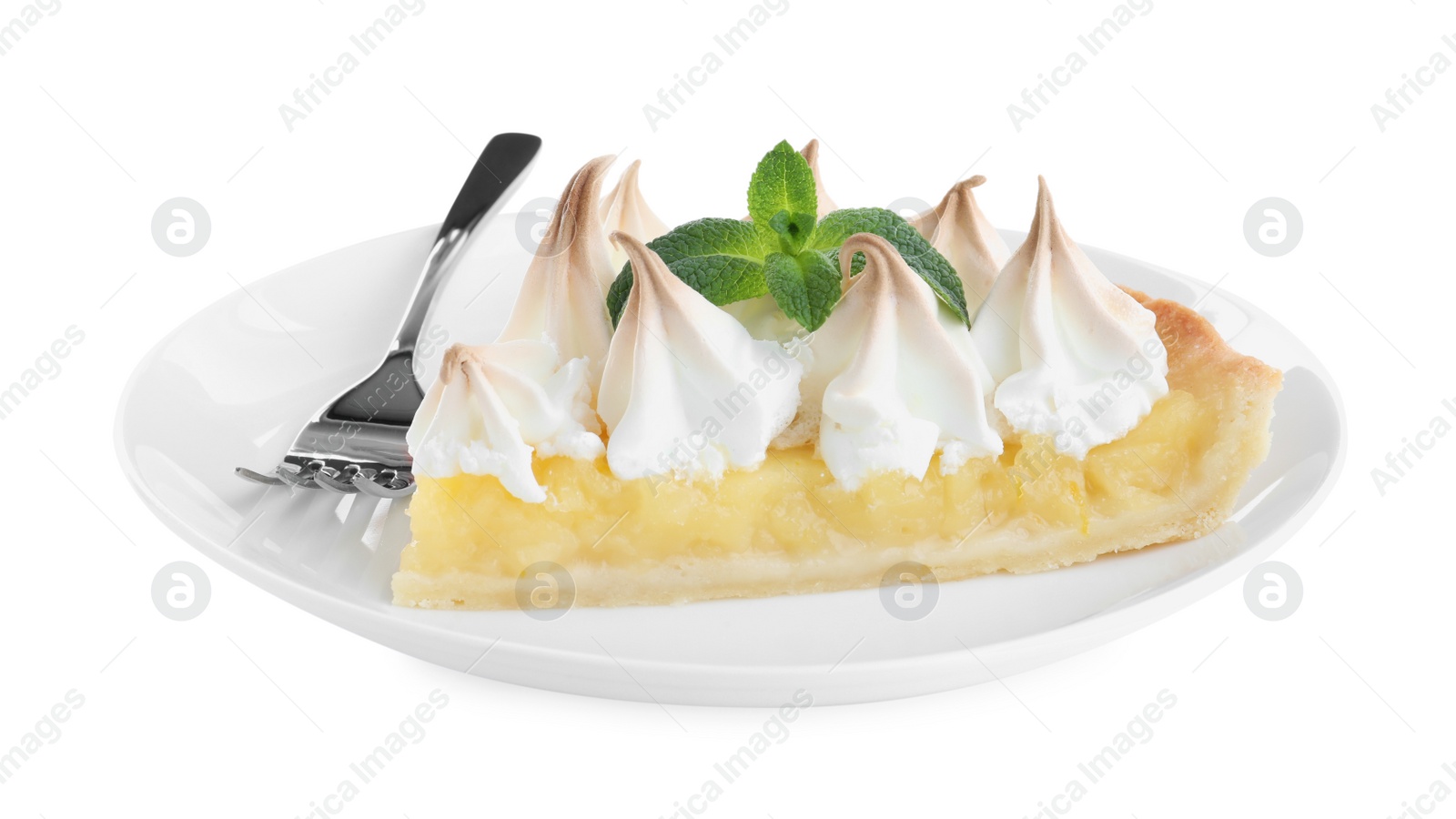 Photo of Piece of delicious lemon meringue pie with plate and fork isolated on white