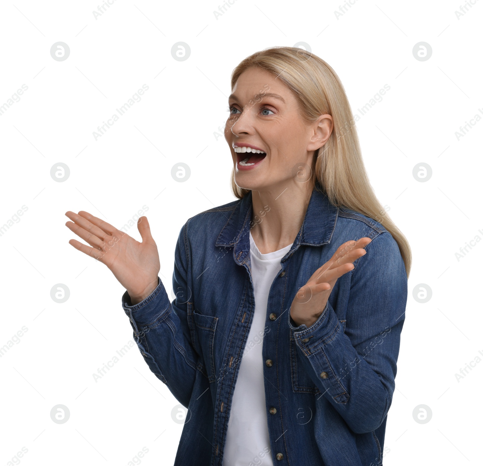 Photo of Portrait of happy surprised woman isolated on white