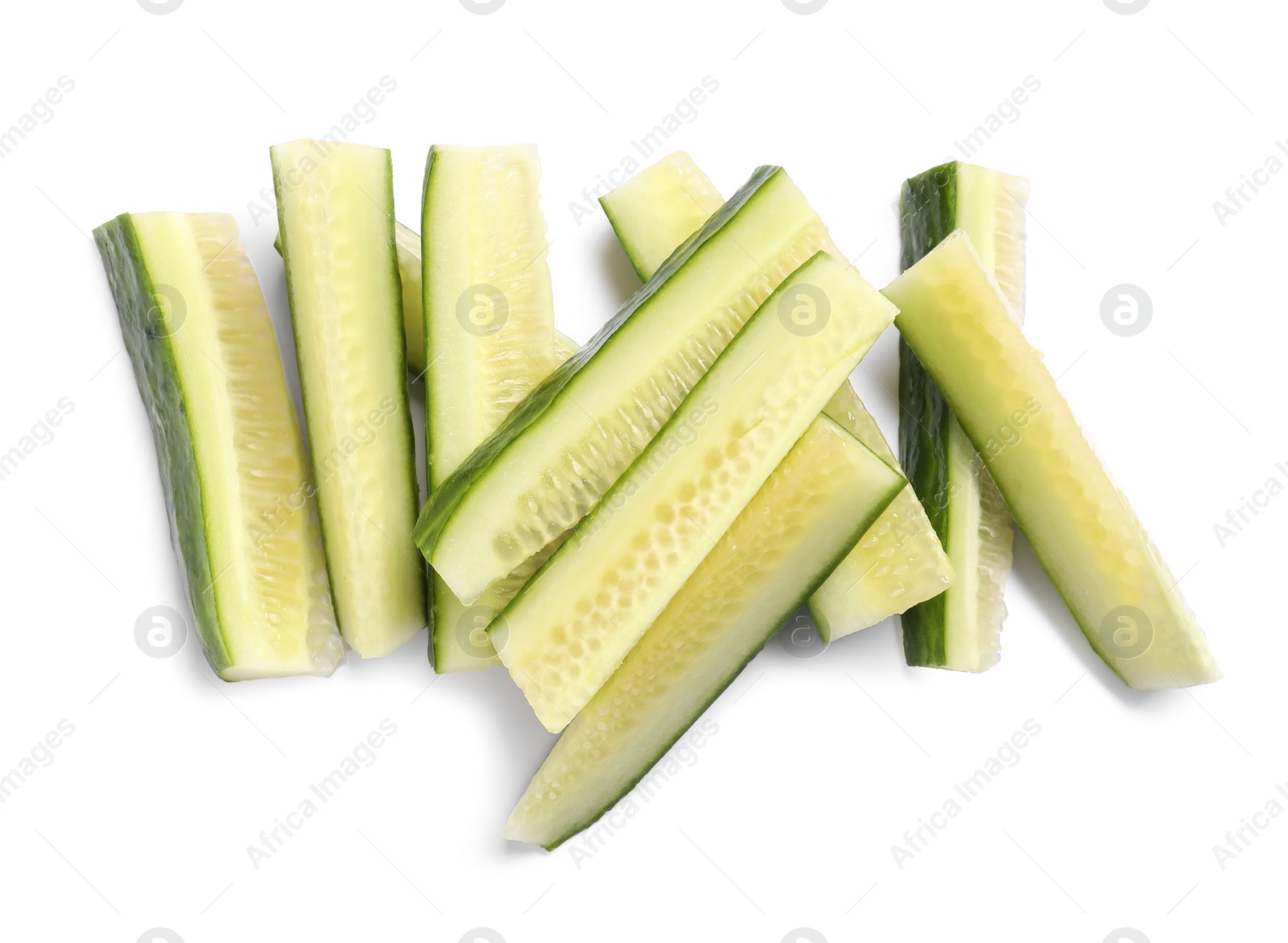 Photo of Pieces of fresh cucumber isolated on white, top view