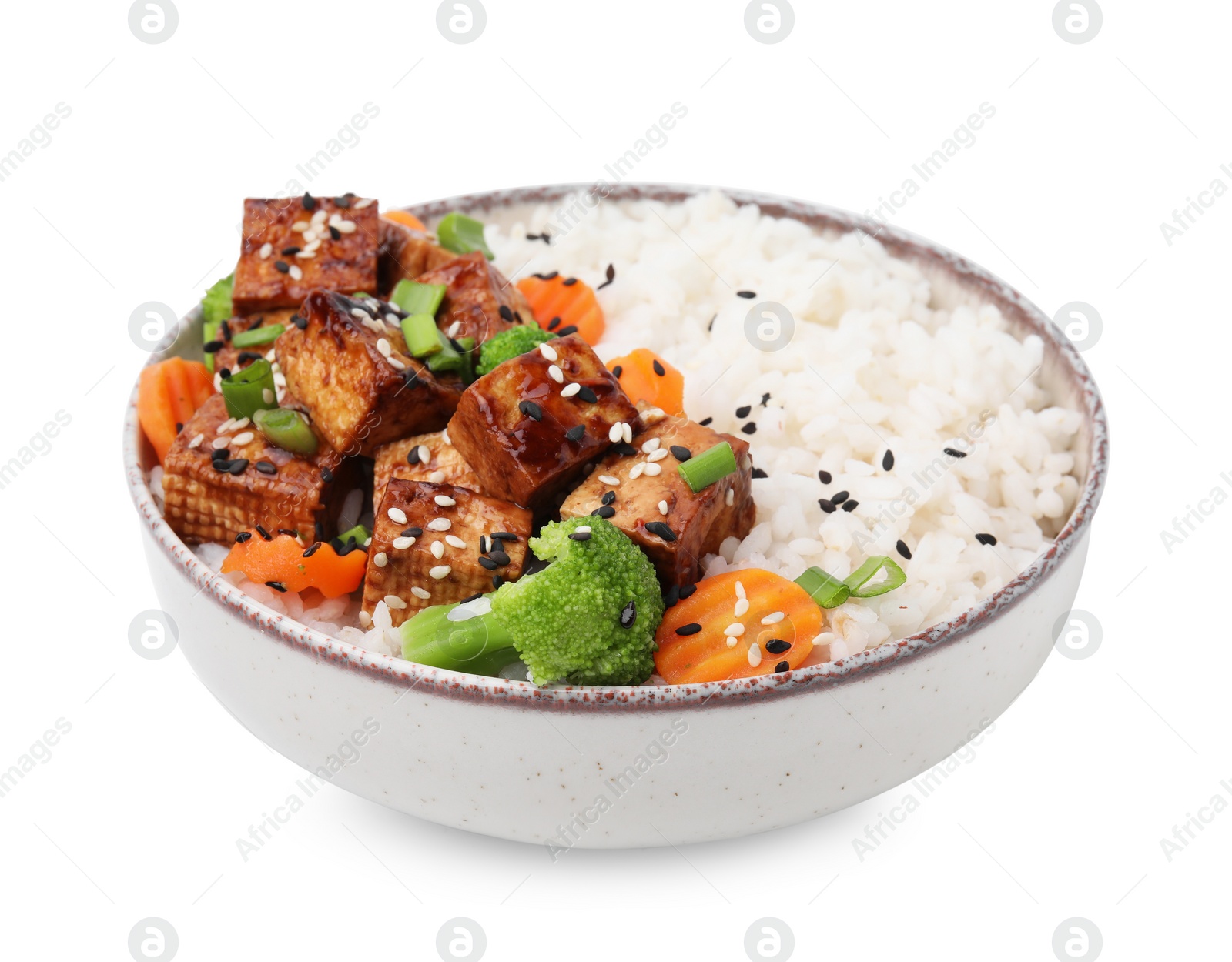 Photo of Bowl of rice with fried tofu, broccoli and carrots isolated on white