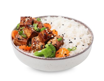 Bowl of rice with fried tofu, broccoli and carrots isolated on white