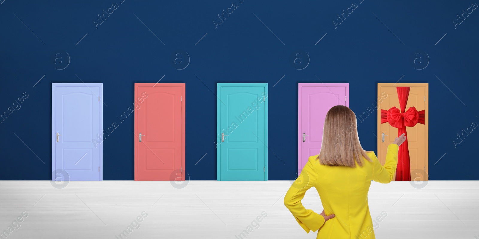 Image of Woman standing in front of many colorful doors, back view. Banner design